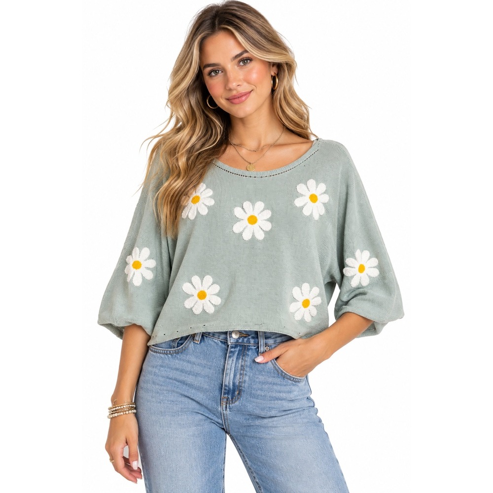 BIBI Sage Green Daisy Floral Knit Cropped Batwing Sweater L Retro Boho Hippie